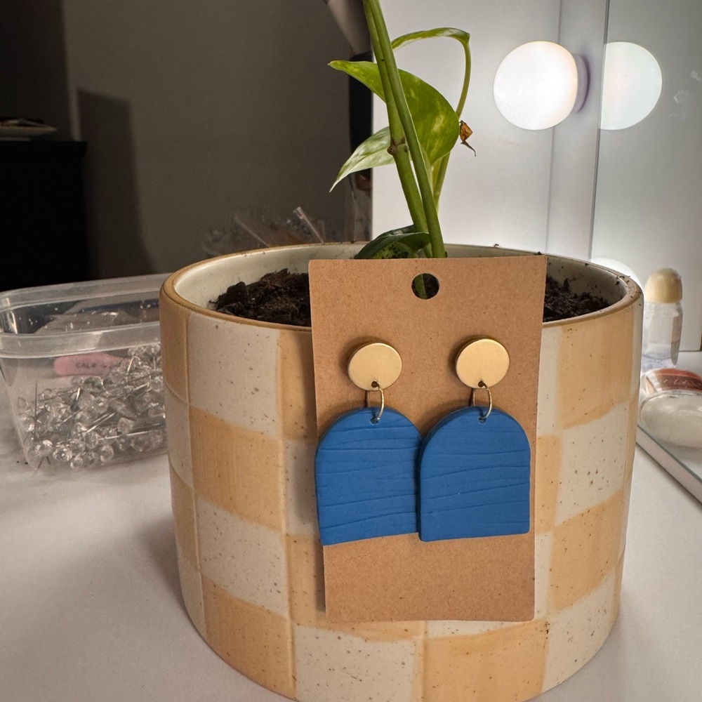 Handmade Blue Arch Drop Earrings with Gold Studs